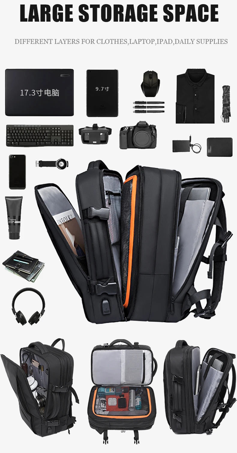 BANGE-mochila de viaje para hombre, morral de negocios expandible con USB, de gran capacidad, resistente al agua, para ordenador portátil, 17,3