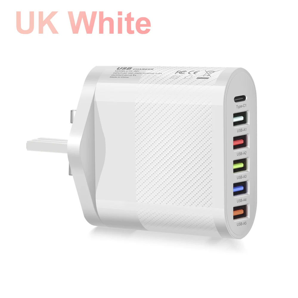 Cargador USB tipo C de 6 puertos, adaptador de carga rápida PD, carga rápida 3,0, enchufe de pared para teléfono iPhone, Samsung, Xiaomi, Huawei, #3
