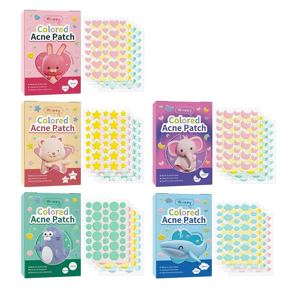 Parches de estrellas para eliminar acné, pegatinas invisibles de colores para el cuidado de la piel, corrector de manchas faciales, herramientas de maquillaje de belleza, 144 piezas