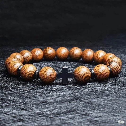 Pulsera de Cruz para hombre, Rosario religioso, cuentas de madera, pulsera de cu