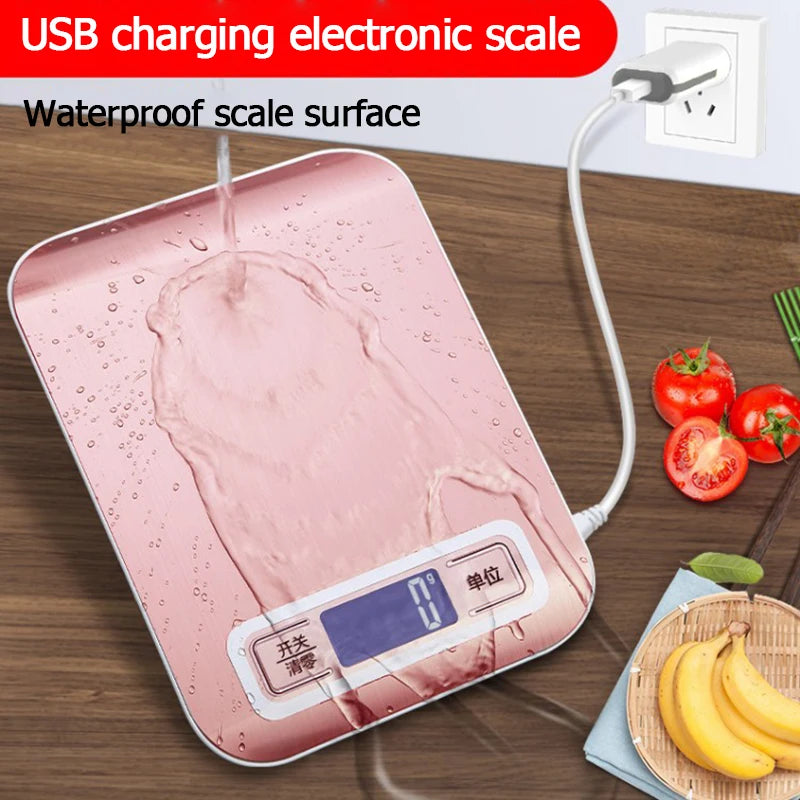 Báscula de cocina recargable con pantalla LCD, balanza electrónica de acero inoxidable, joyería para el hogar, aperitivos, pesaje de alimentos, herramientas para hornear, 5kg/10kg