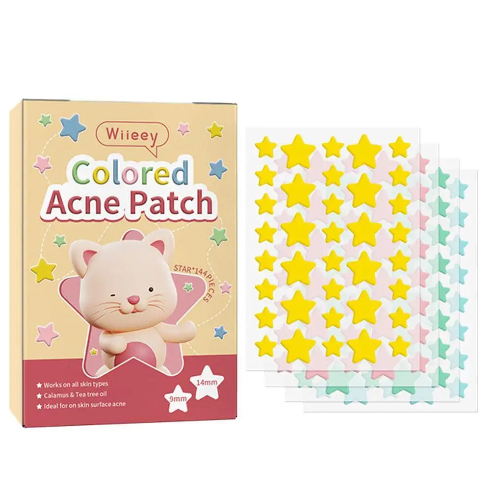 Parches de estrellas para eliminar acné, pegatinas invisibles de colores para el cuidado de la piel, corrector de manchas faciales, herramientas de maquillaje de belleza, 144 piezas