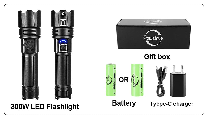 Linterna LED más potente de 8800000LM, 3000 vatios, linterna recargable por USB, linterna táctica de alta potencia de 5500 metros