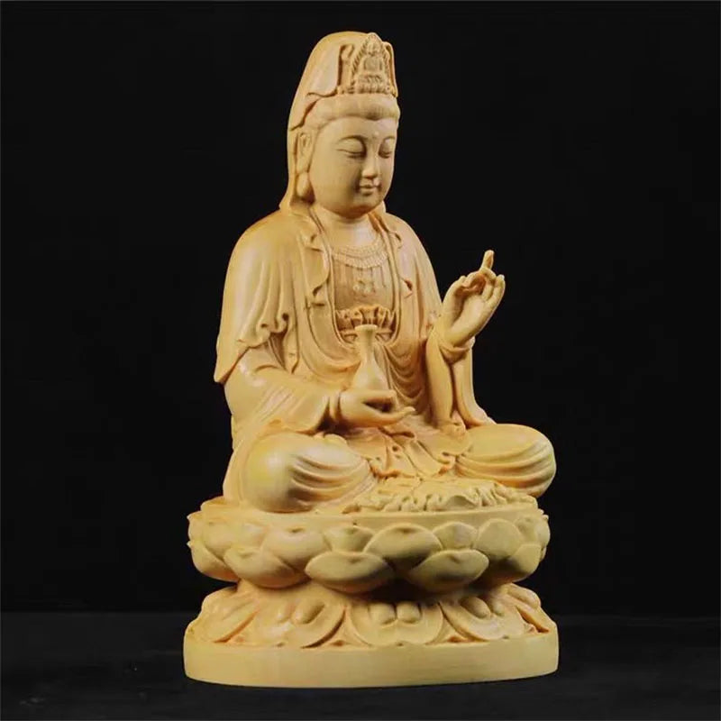 Wooden Guanyin Bodhisattva Figurine Carved Buddha Sculpture Crafts 