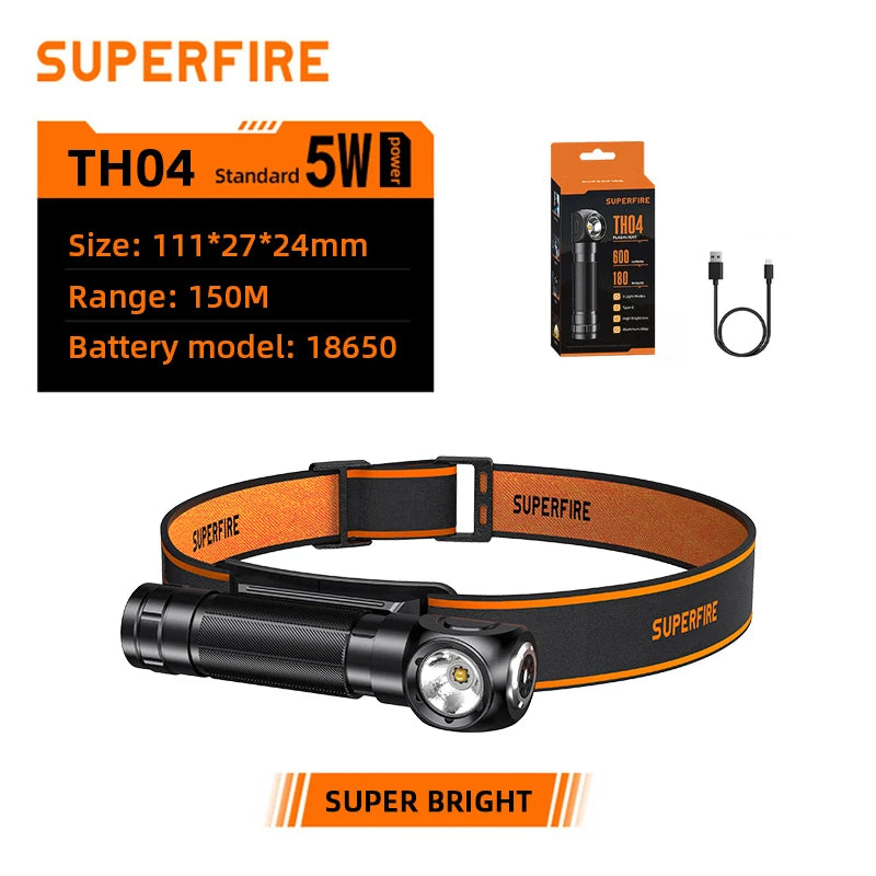 SUPERFIRE TH04 Type C LED Headlamp 90° Rechargeable Flashlight with Indicates 