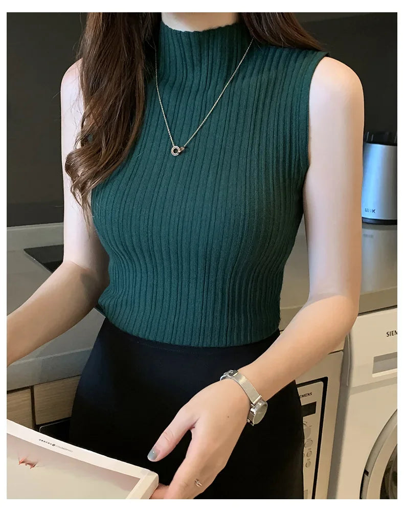 Women's Thin Knitted Sleeveless Sweater Half High Neck Shirt Blouse