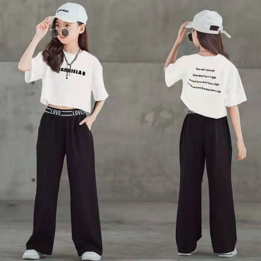 Conjuntos de ropa de verano para niñas adolescentes, Tops con letras y pantalon