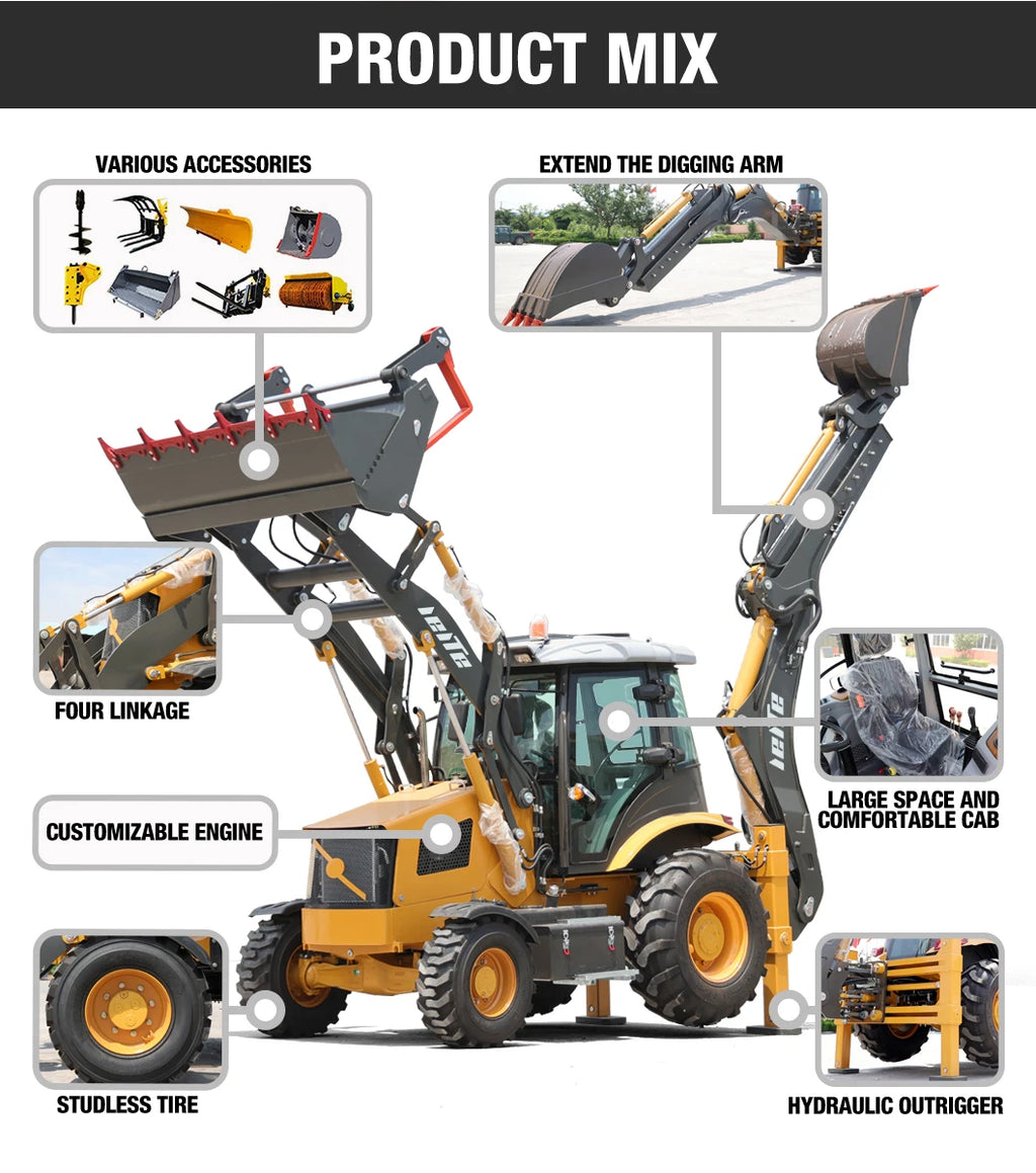 Mini excavadora retroexcavadora todo en uno, Tractor compacto con cargador y ret