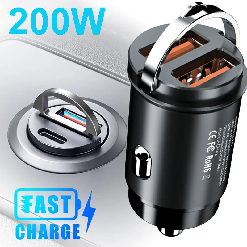 Mini cargador de coche QC3.0 PD de 100W/200W, 12-24V, de carga rápida mechero, USB tipo C, para Xiaomi, Samsung, Huawei, iPhone