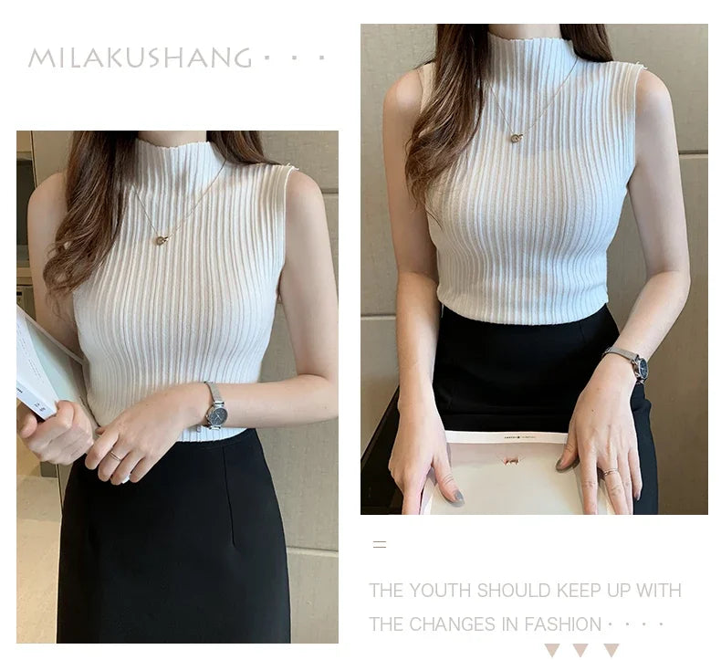 Women's Thin Knitted Sleeveless Sweater Half High Neck Shirt Blouse