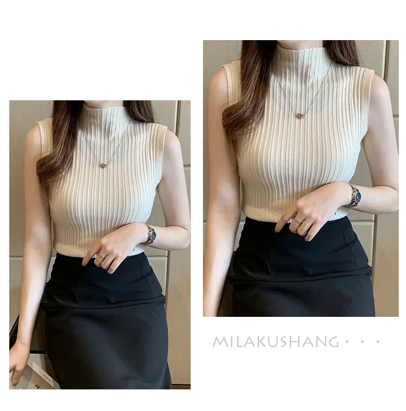 Women's Thin Knitted Sleeveless Sweater Half High Neck Shirt Blouse