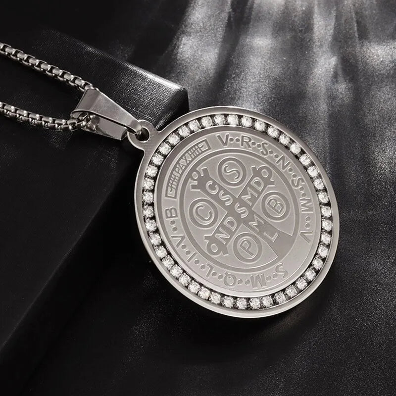 Men's Catholic Saint Benedict Medal Stainless Steel Pendant Necklace 