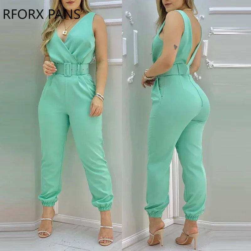 Women's Pocket Design Sleeveless Solid Jumpsuit Backless Jumpsuit 