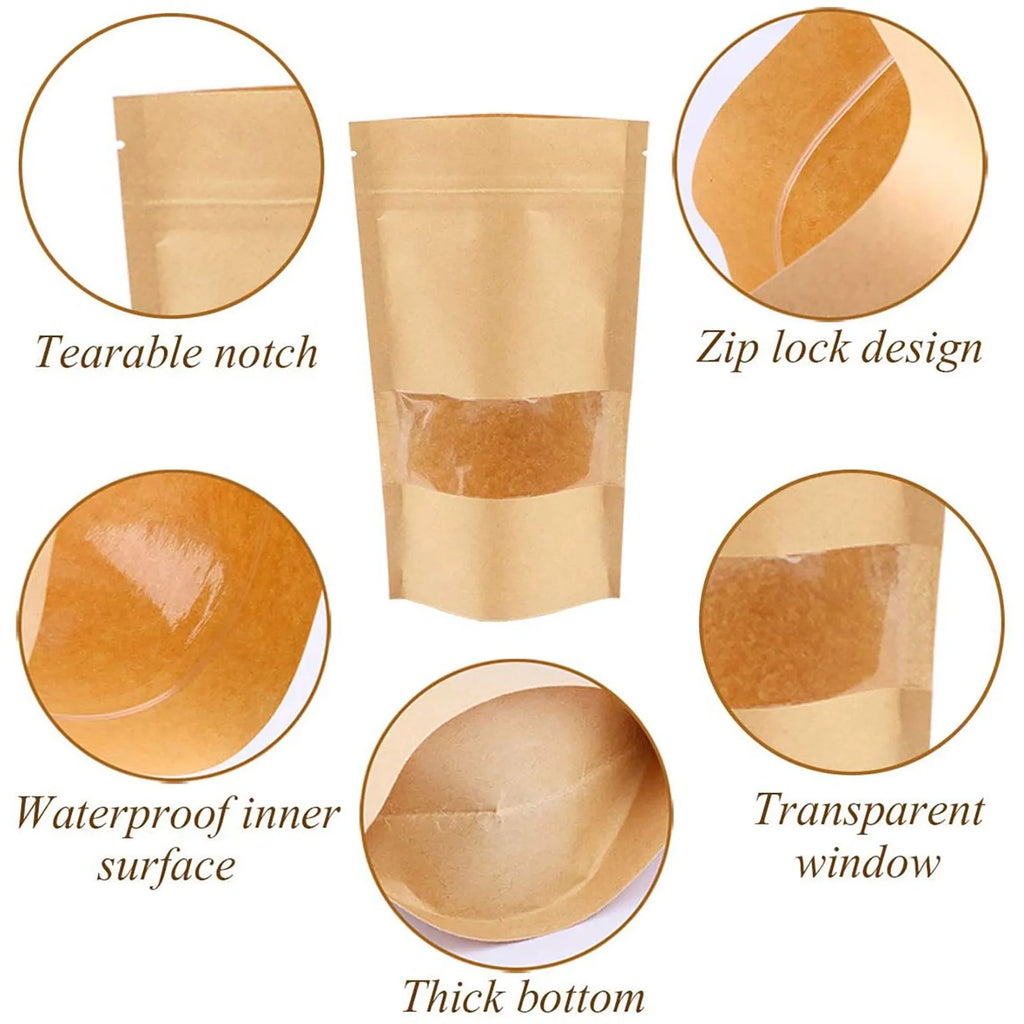 Kraft Paper Zip Lock Bags Self Seal Packaging Bags 