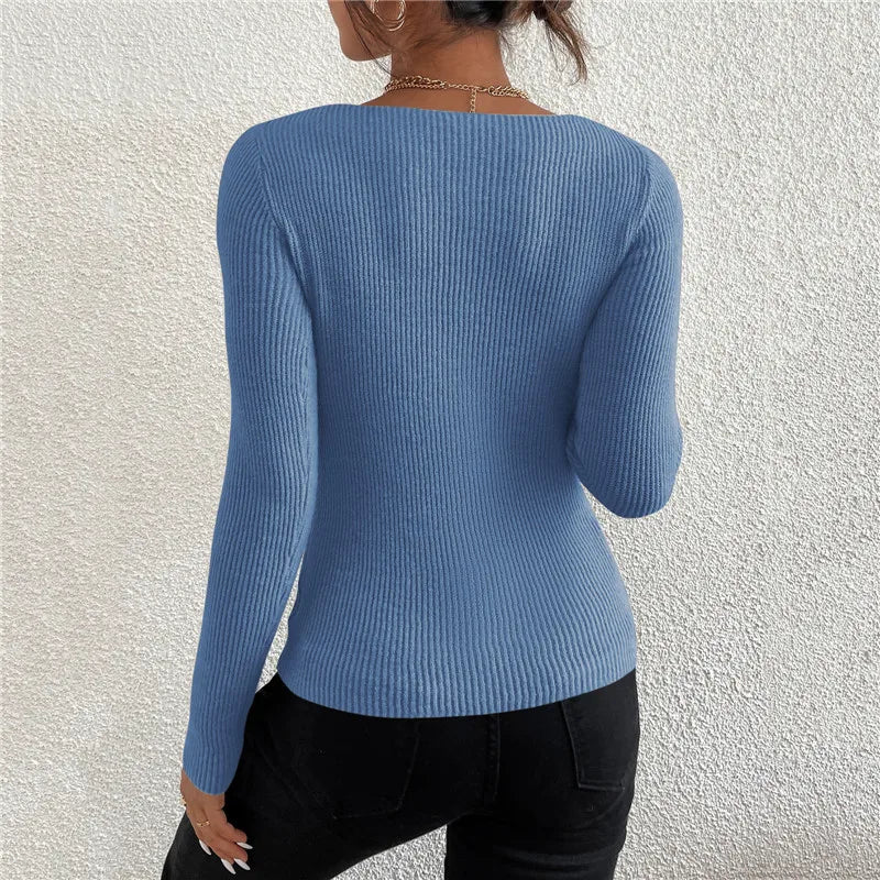 Jersey de punto de canalé liso para mujer, Jersey a rayas con cuello en V, mang