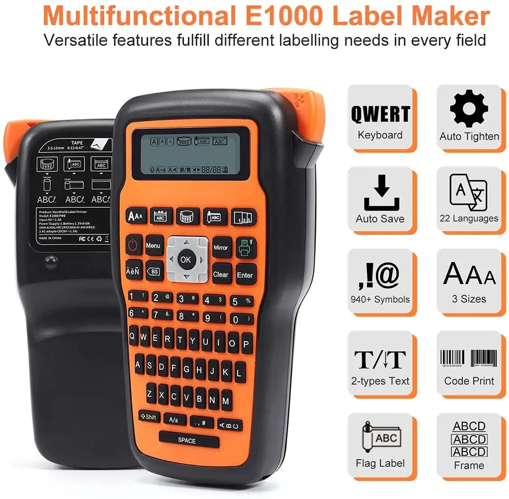 Impresora Industrial E1000 PRO TZ231, fabricante de etiquetas, cinta QWERTY, teclado, símbolos, funciona con tubos termorretráctiles