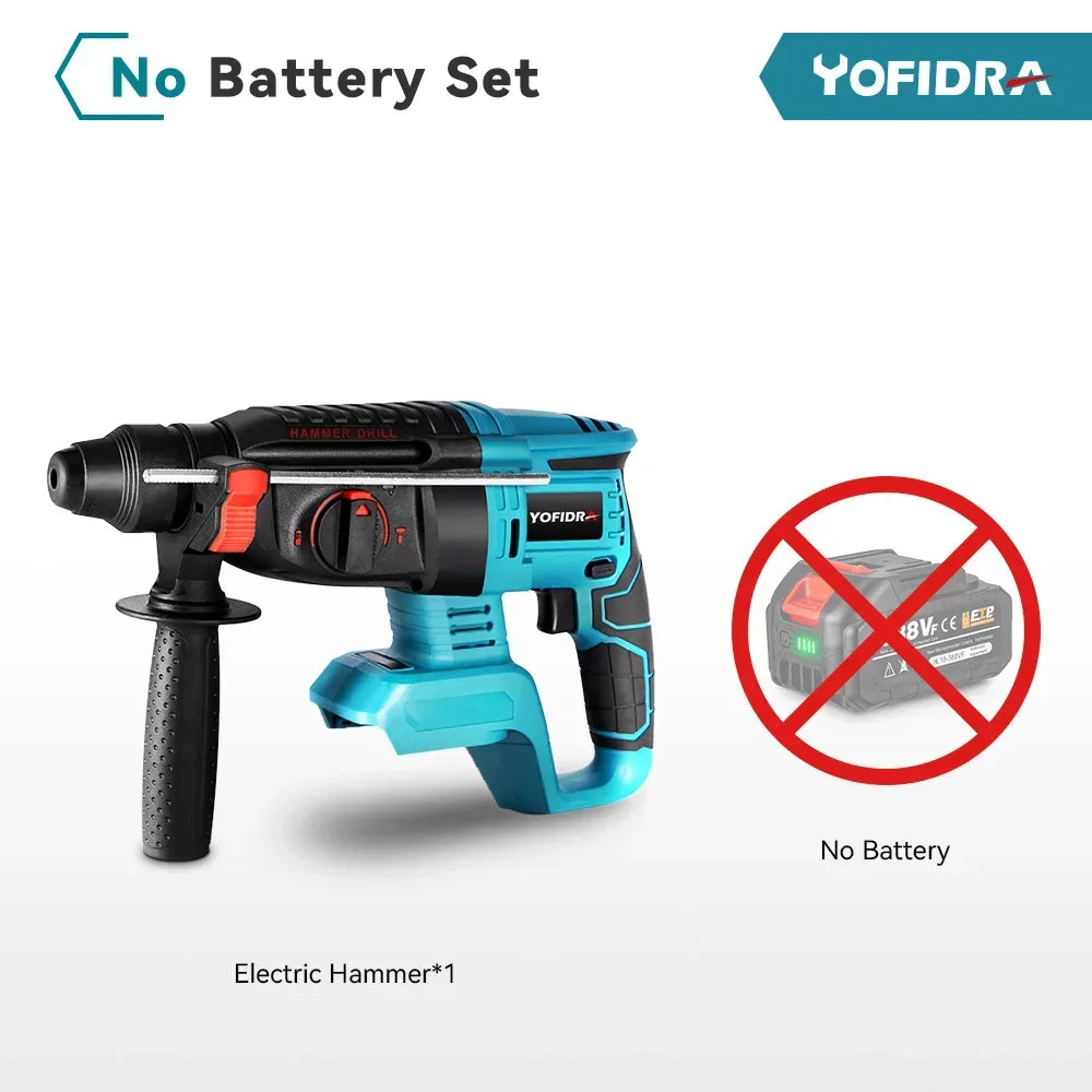 YOFIDRA-martillo eléctrico sin escobillas de 26MM, taladro rotativo multifuncional inalámbrico, herramientas eléctricas recargables para batería Makita de 18V