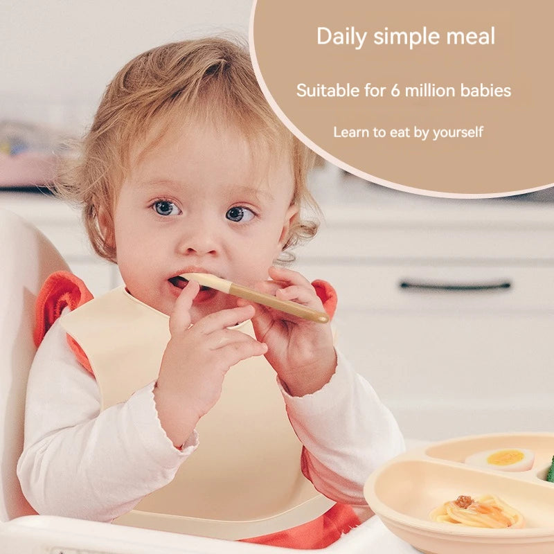 Juego de vajilla de silicona para niños, 4 piezas, plato de cena de silicona con mango de madera, cuchara, tenedor, Baberos de silicona sin BPA