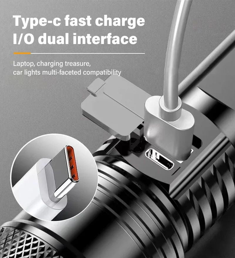 Linterna LED potente con pantalla de batería, luz recargable por USB, Zoom telescópico, lámpara de antorcha para acampar al aire libre, linterna de pesca, 9900LM