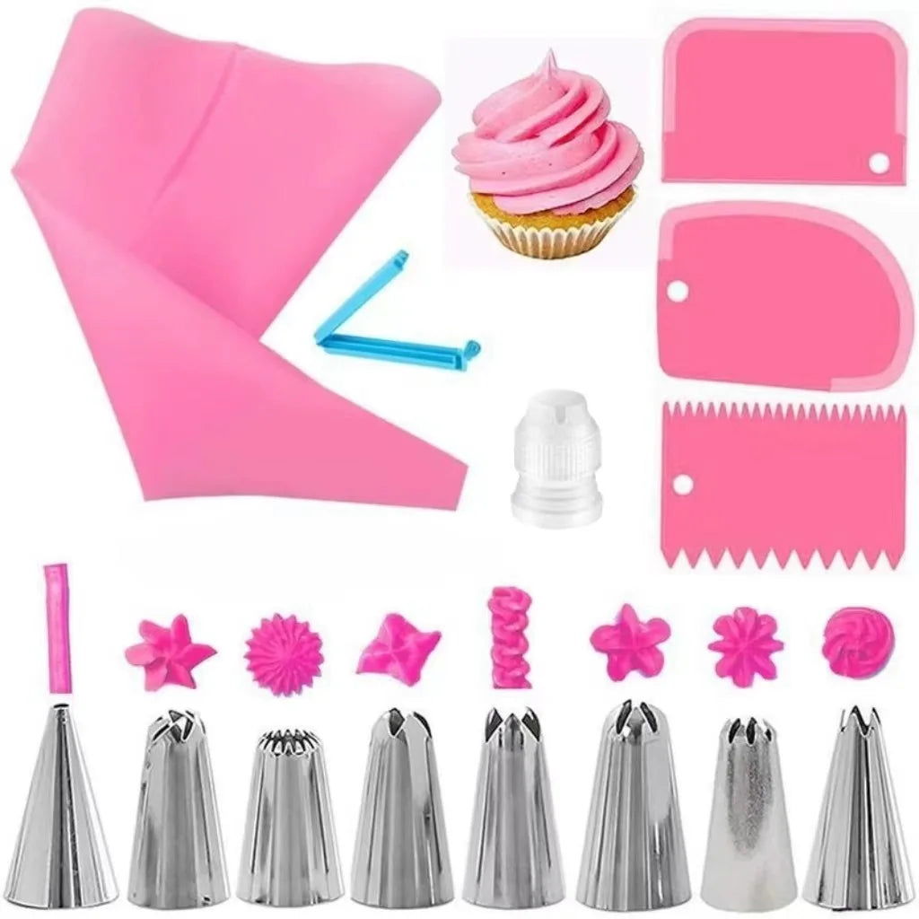 Juego de bolsas y puntas de silicona para tuberías, Kit de decoración DIY para pasteles con boquilla de acero inoxidable, herramienta para hornear repostería de silicona reutilizable