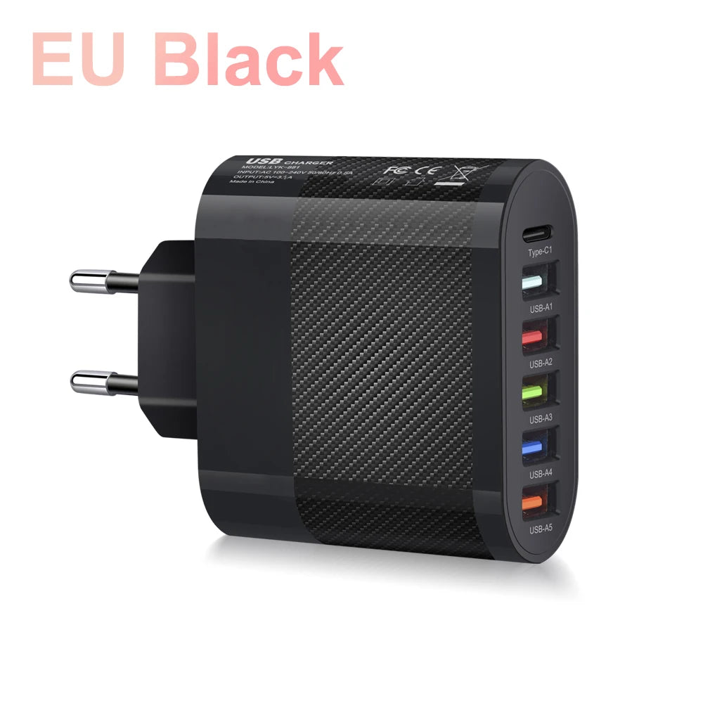 Cargador USB tipo C de 6 puertos, adaptador de carga rápida PD, carga rápida 3,0, enchufe de pared para teléfono iPhone, Samsung, Xiaomi, Huawei, #3