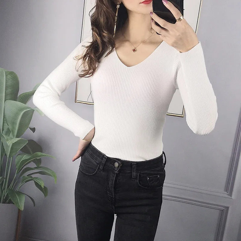 Jersey de punto de canalé liso para mujer, Jersey a rayas con cuello en V, mang