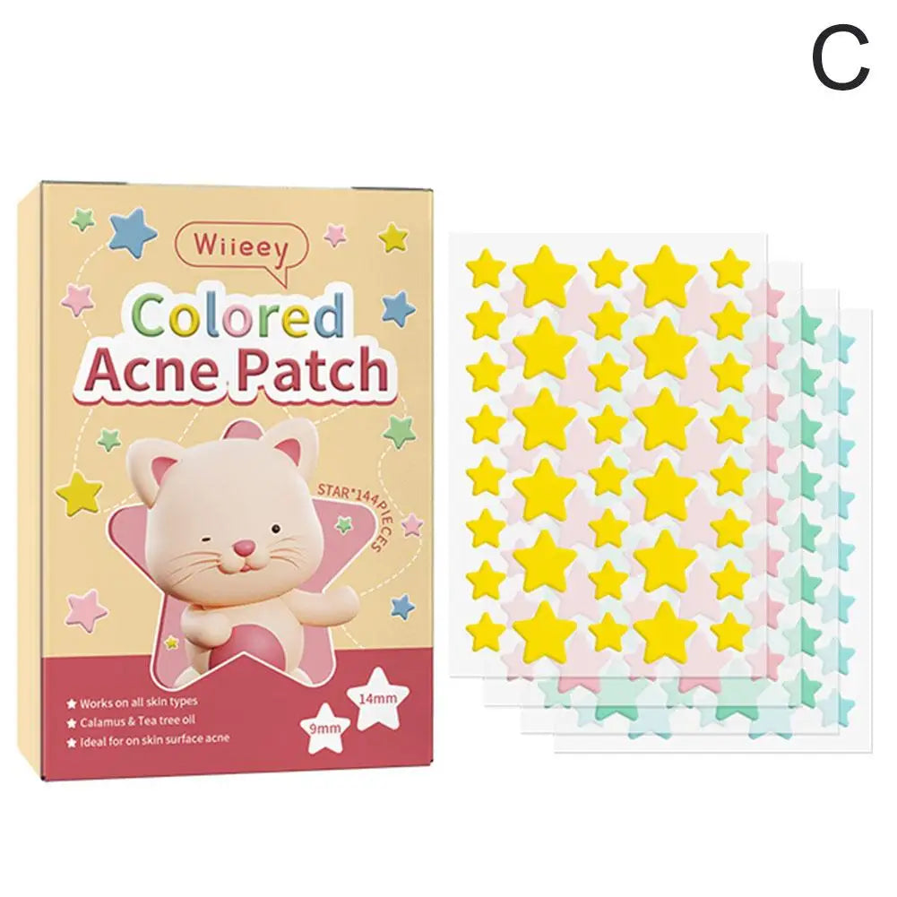 Parches de estrellas para eliminar acné, pegatinas invisibles de colores para el cuidado de la piel, corrector de manchas faciales, herramientas de maquillaje de belleza, 144 piezas