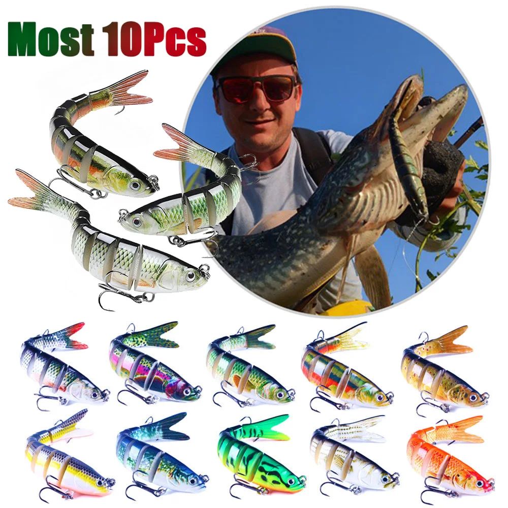 Señuelo de Pesca multiarticulado, cebo segmentado biónico de hundimiento lento, aparejos oscilantes para Pesca de lubina de agua dulce y salada, 10/8/5/3/1 piezas