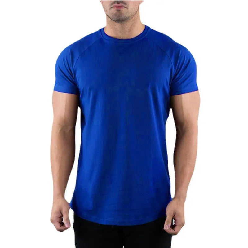 Men's Solid Gym T-shirt Summer Fitness Clothing Short Sleeve O-Neck T-shirt Cotton Slim Fit Bodybuilding Workout Tops 