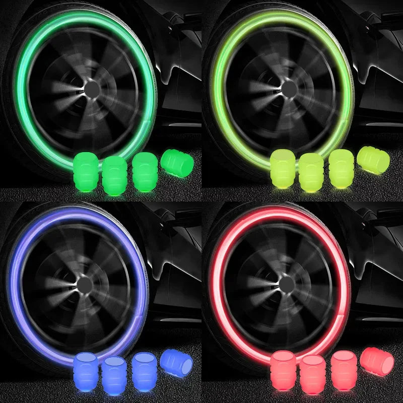 Tapas de válvulas luminosas para neumáticos de coche, cubierta fluorescente de 1/4 piezas que brilla en la oscuridad, rueda para tapones de motocicleta y bicicleta, decoración de cubo de neumático