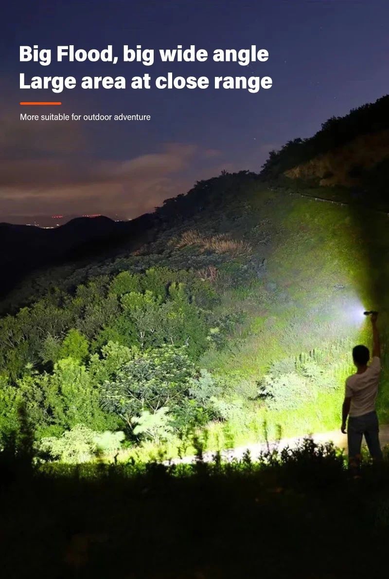 Linterna LED potente con pantalla de batería, luz recargable por USB, Zoom telescópico, lámpara de antorcha para acampar al aire libre, linterna de pesca, 9900LM