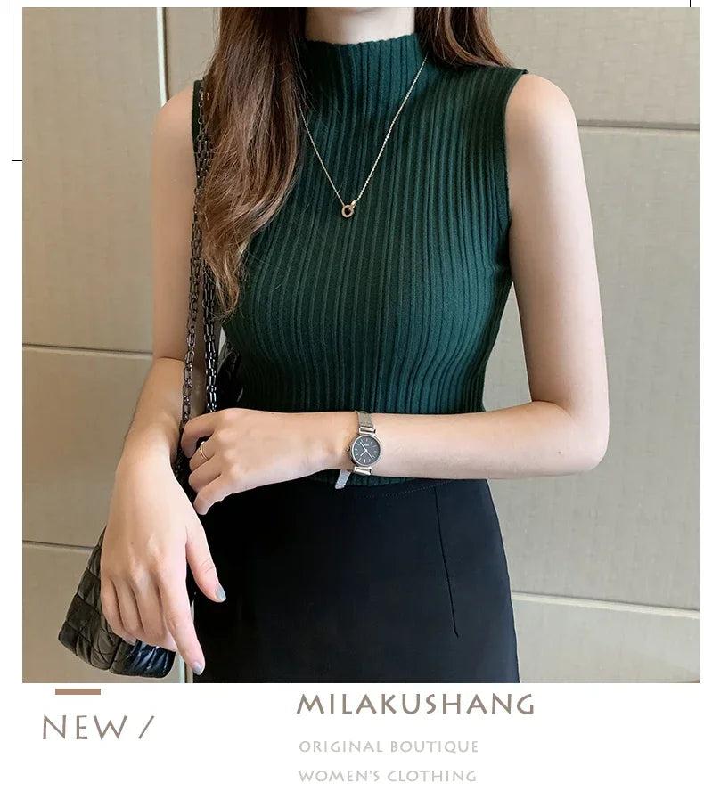 Women's Thin Knitted Sleeveless Sweater Half High Neck Shirt Blouse