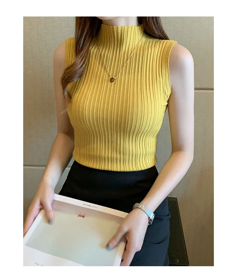 Women's Thin Knitted Sleeveless Sweater Half High Neck Shirt Blouse