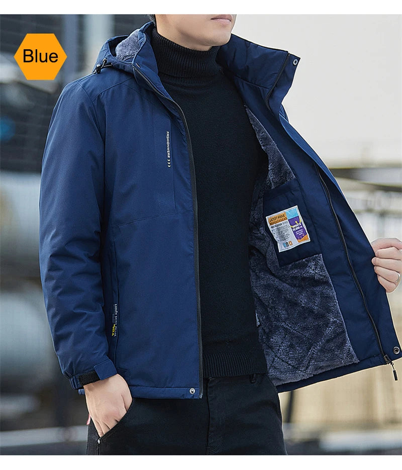 Men's Plush Waterproof Jacket Casual Windproof Cotton Coat 