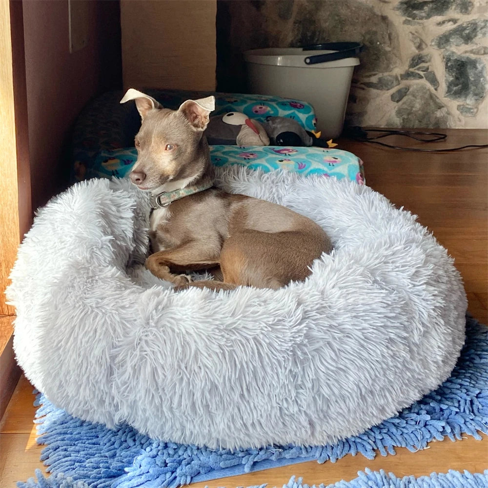 Cama redonda supersuave para mascotas, casa de felpa larga para perros medianos