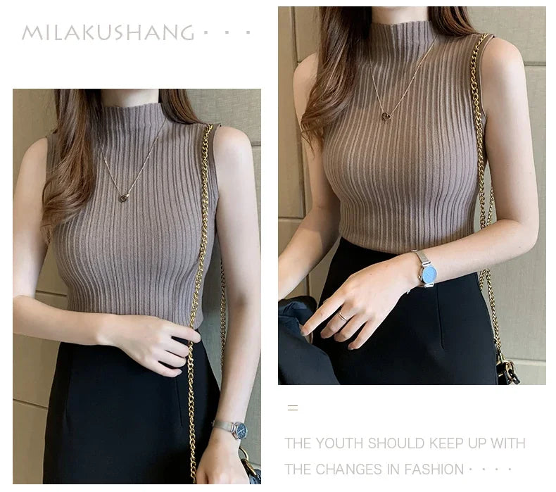 Women's Thin Knitted Sleeveless Sweater Half High Neck Shirt Blouse