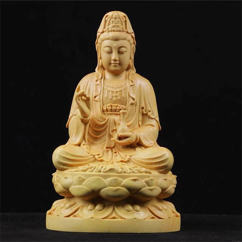 Wooden Guanyin Bodhisattva Figurine Carved Buddha Sculpture Crafts 