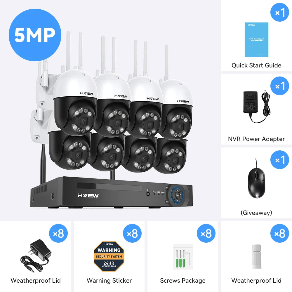 H.view-cámara de seguridad inalámbrica con Wifi, Kit de videovigilancia NVR para interior y exterior, Audio bidireccional, 8 canales, 5MP, Xmeye