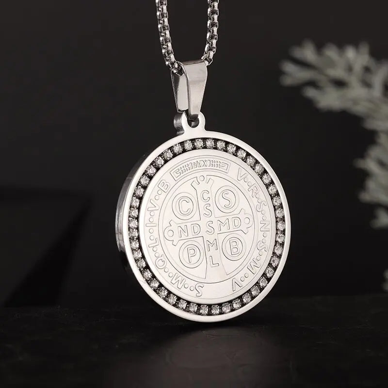 Men's Catholic Saint Benedict Medal Stainless Steel Pendant Necklace 