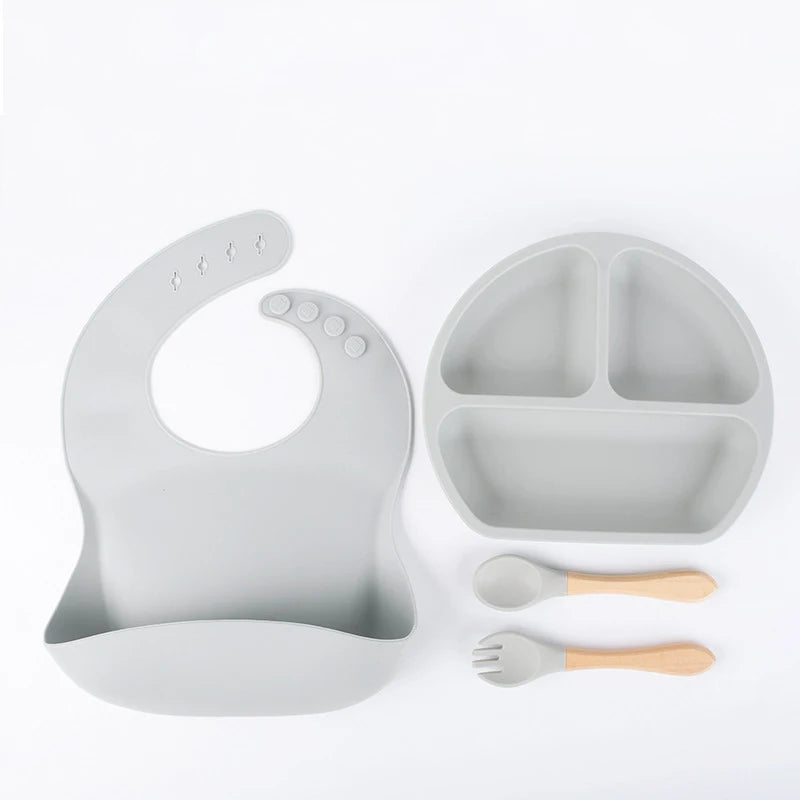 Juego de vajilla de silicona para niños, 4 piezas, plato de cena de silicona con mango de madera, cuchara, tenedor, Baberos de silicona sin BPA
