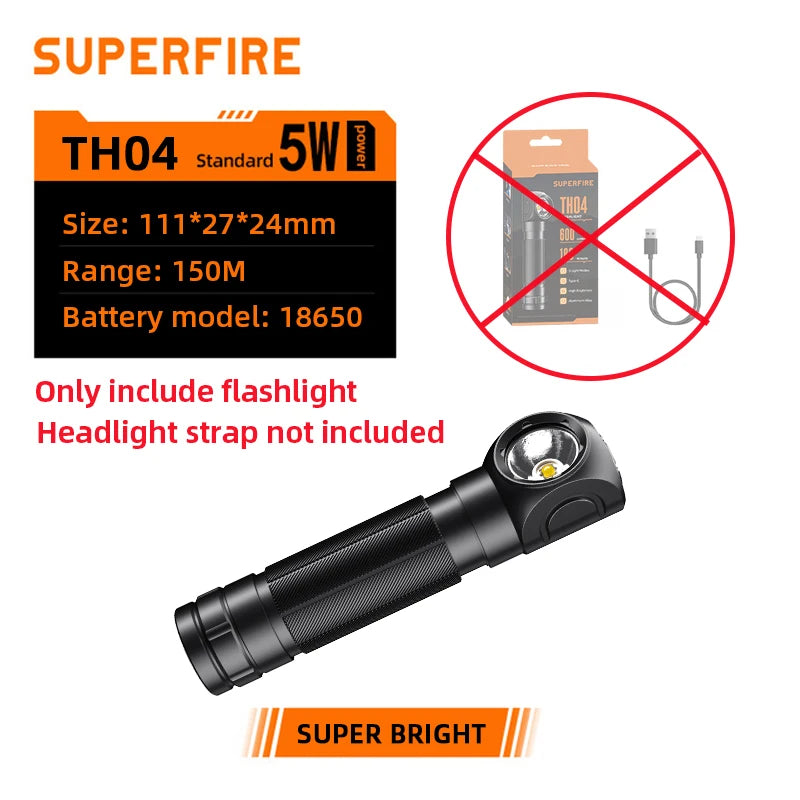 SUPERFIRE TH04 Type C LED Headlamp 90° Rechargeable Flashlight with Indicates 