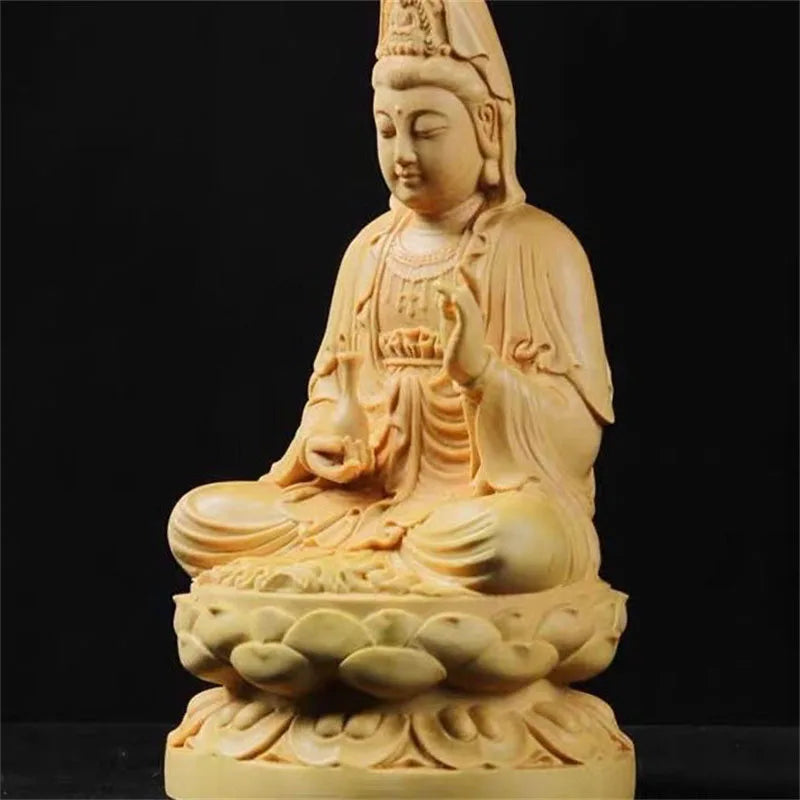 Wooden Guanyin Bodhisattva Figurine Carved Buddha Sculpture Crafts 