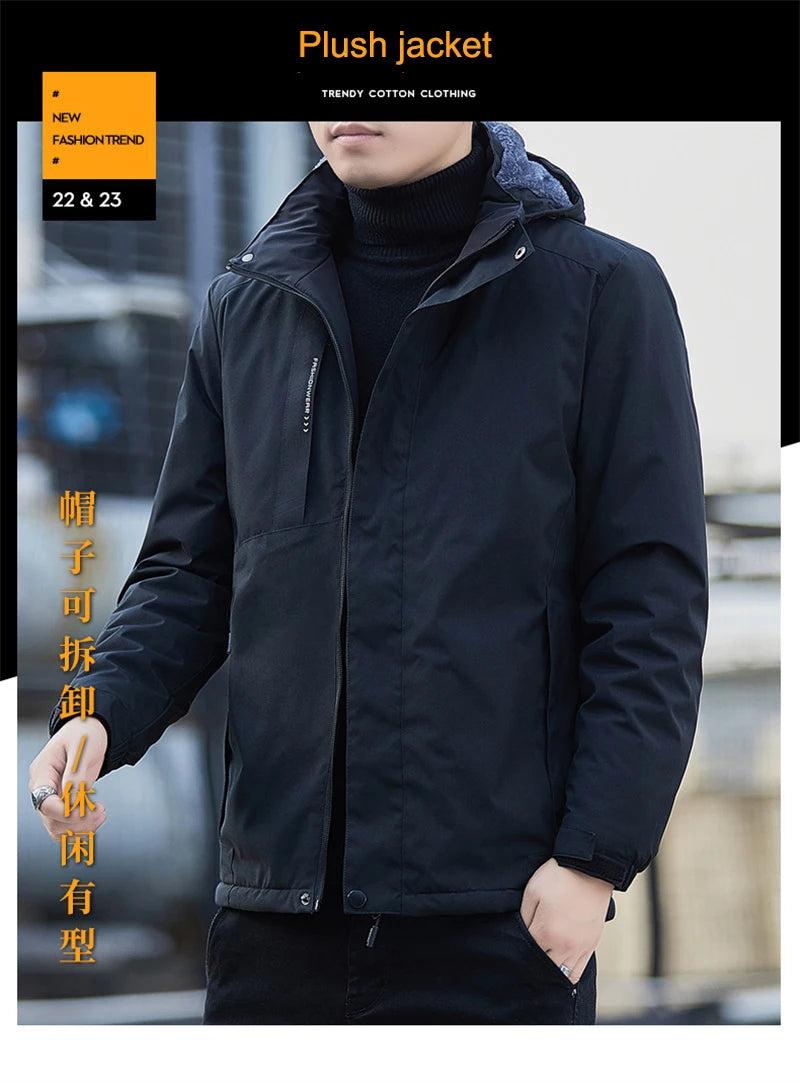 Men's Plush Waterproof Jacket Casual Windproof Cotton Coat 