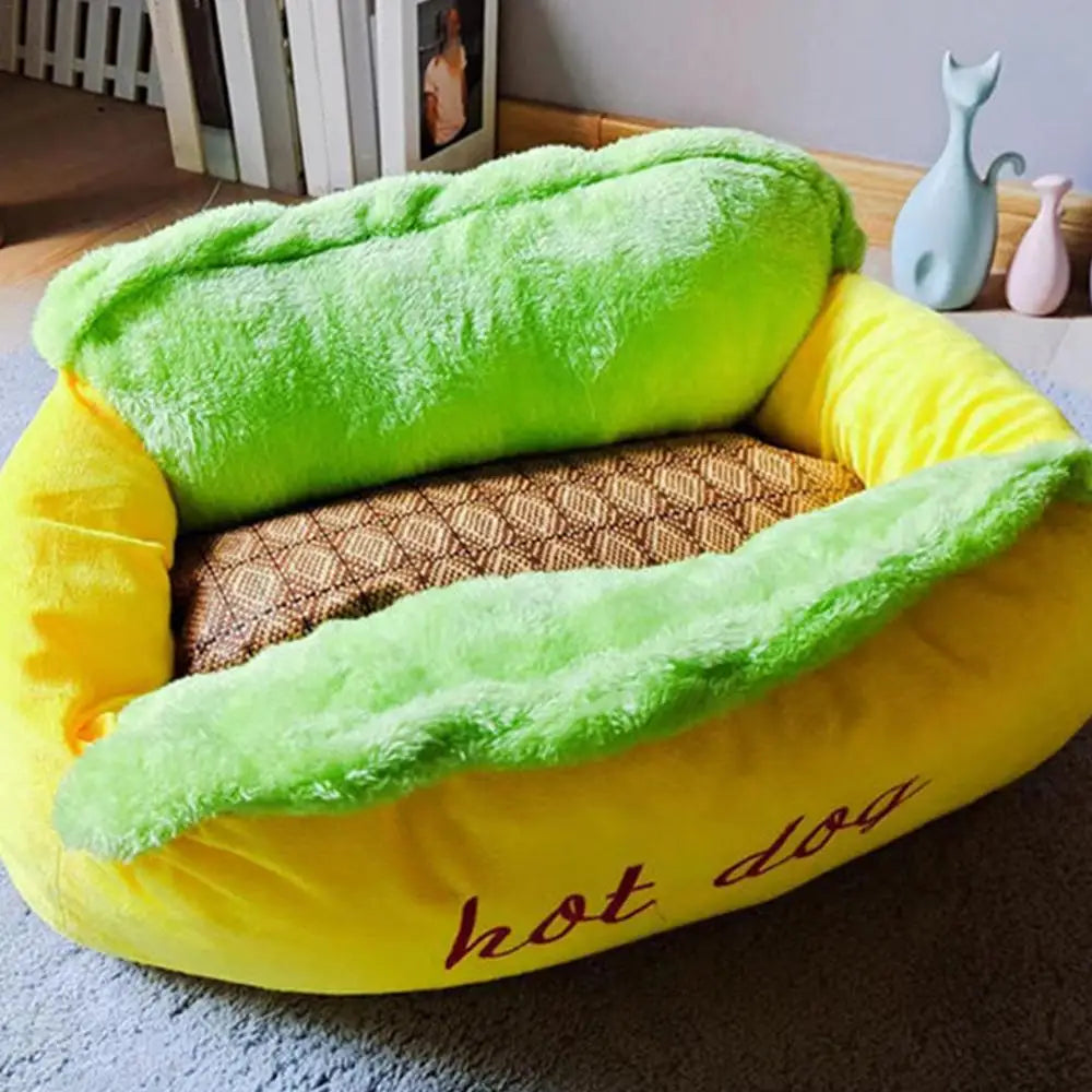 Dog Calming Bed, Detachable Hot Dog Shape Stuffed Pet Bed, Non-Slip Base with Zipper