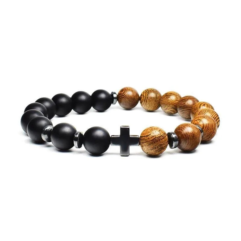 Pulsera de Cruz para hombre, Rosario religioso, cuentas de madera, pulsera de cu