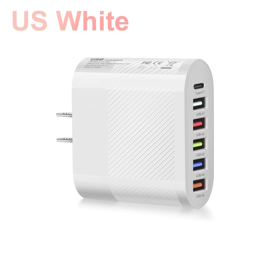 Cargador USB tipo C de 6 puertos, adaptador de carga rápida PD, carga rápida 3,0, enchufe de pared para teléfono iPhone, Samsung, Xiaomi, Huawei, #3
