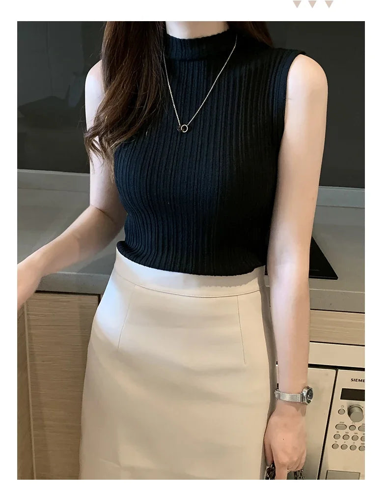 Women's Thin Knitted Sleeveless Sweater Half High Neck Shirt Blouse