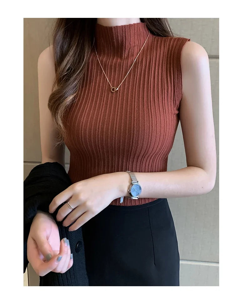 Women's Thin Knitted Sleeveless Sweater Half High Neck Shirt Blouse