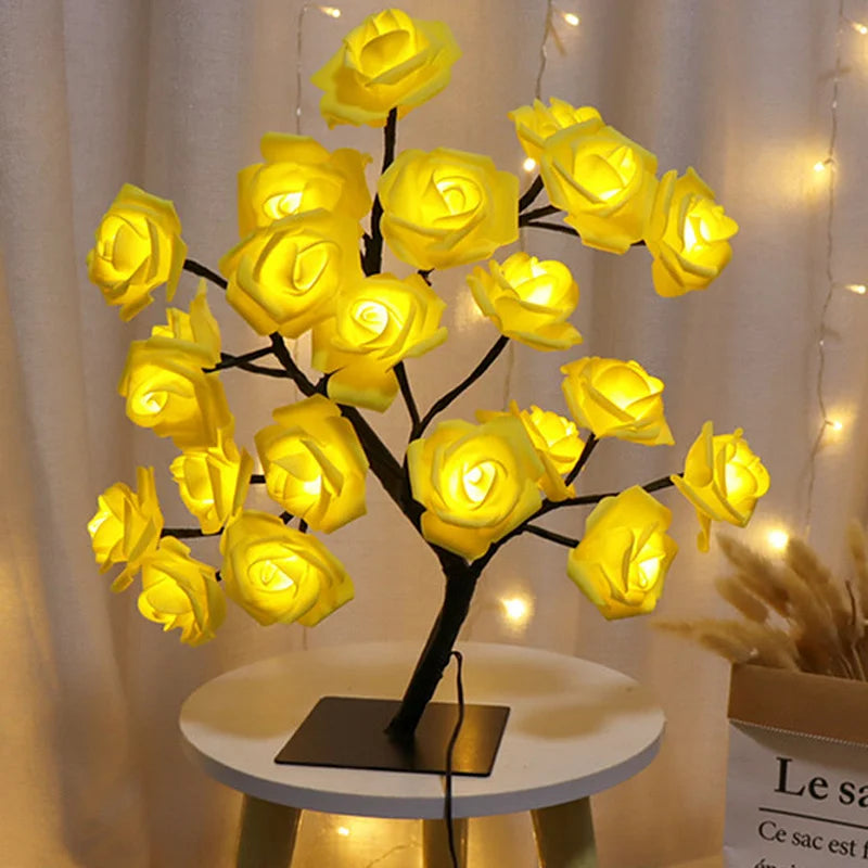 Lámpara LED de mesa de flores rosas, luces de hadas de árbol de Navidad USB, luces nocturnas, decoración de dormitorio de boda, Fiesta en casa, regalo del Día de la madre