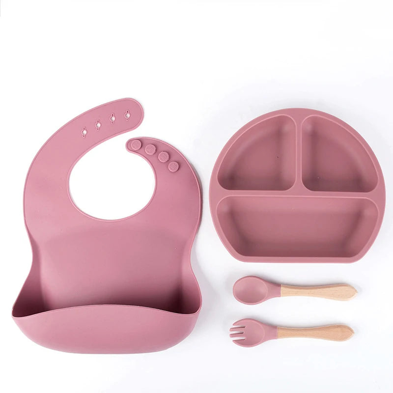 Juego de vajilla de silicona para niños, 4 piezas, plato de cena de silicona con mango de madera, cuchara, tenedor, Baberos de silicona sin BPA